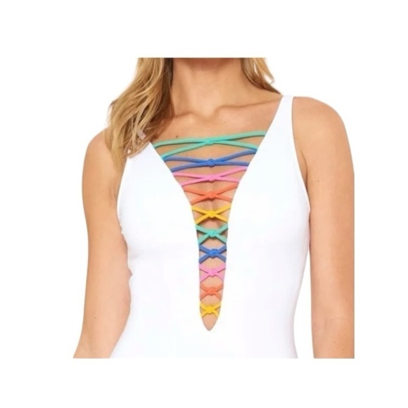 Bleu Rod Beattie White Multi Rainbow Lace Down One-Piece - Picture 2 of 7